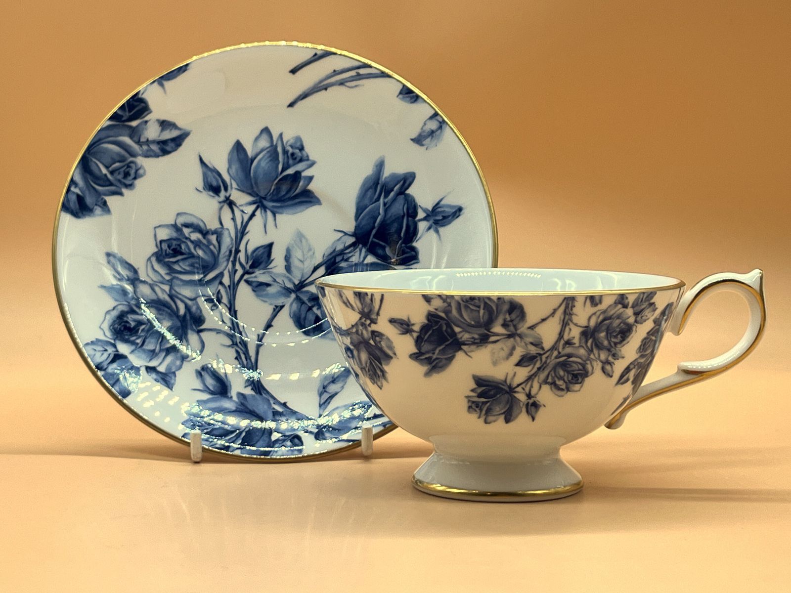 Aynsley China Athens Shape Elizabeth Rose Blue Design Tea Cup & Saucer Duo. photo for sale