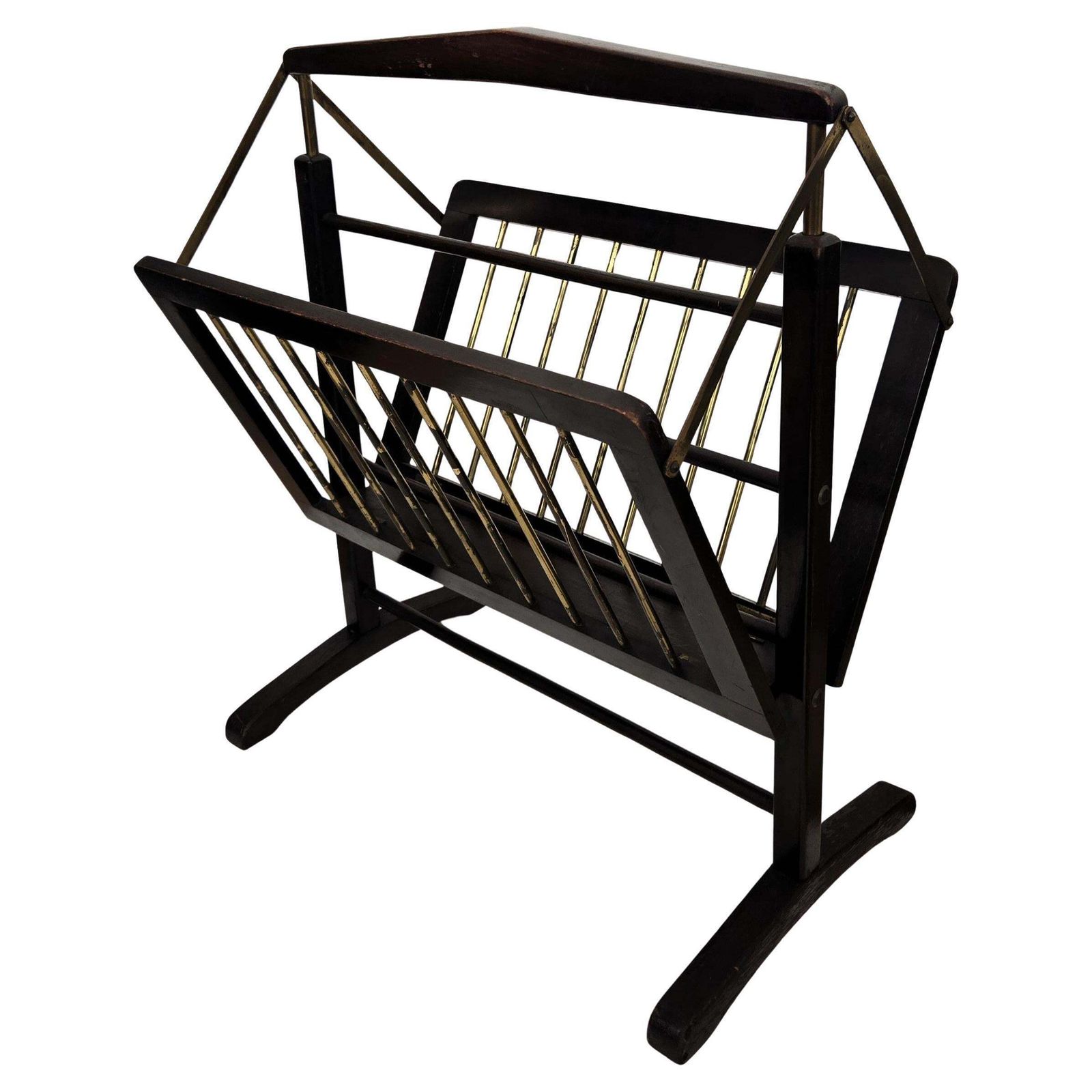 1960s Italian Mid Century Brass & Wood Folding Folio Stand Magazine Rack