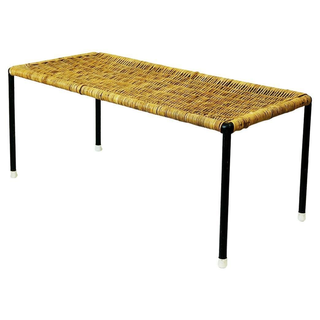 Austrian Midcentury Black Steel And Wicker Side Table By Carl Auböck