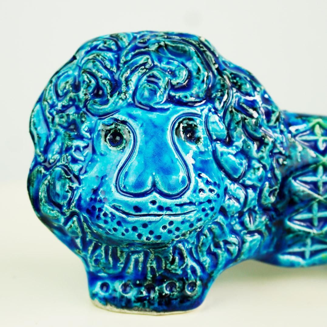 Italian Midcentury Rimini Blu Ceramic Lion By Aldo Londi For Bitossi photo for sale