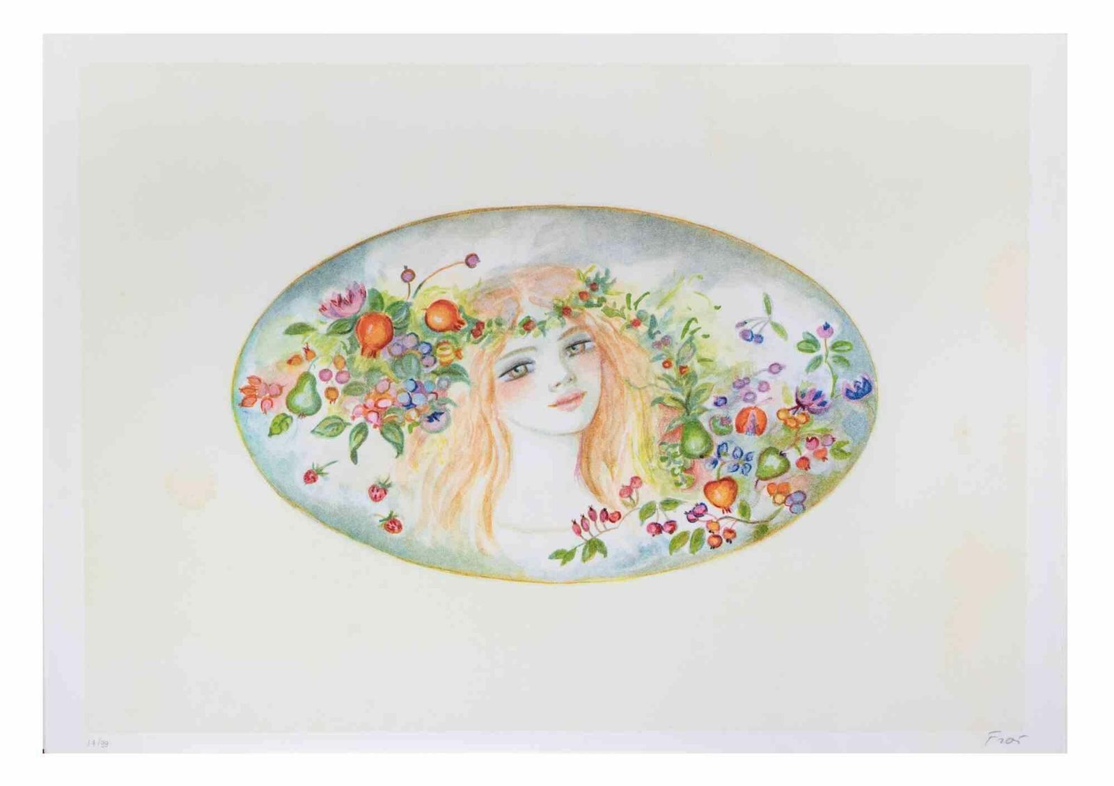 Felicita Fraiportrait With A Garland Of Flowers   Lithograph By Felicita Frai   1980s1980s photo furniture