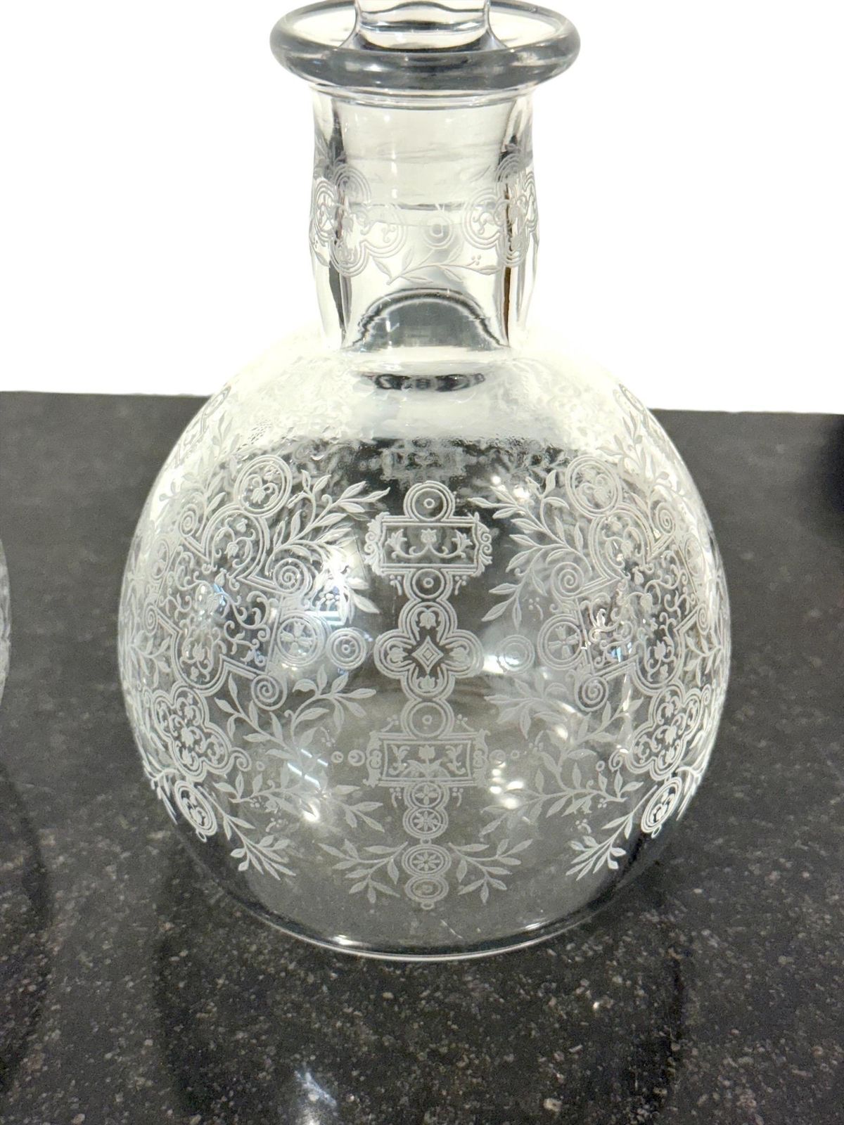 photo buy Pair Of Baccarat Rohan Engraved Crystal Decanters With Mushroom Stoppers