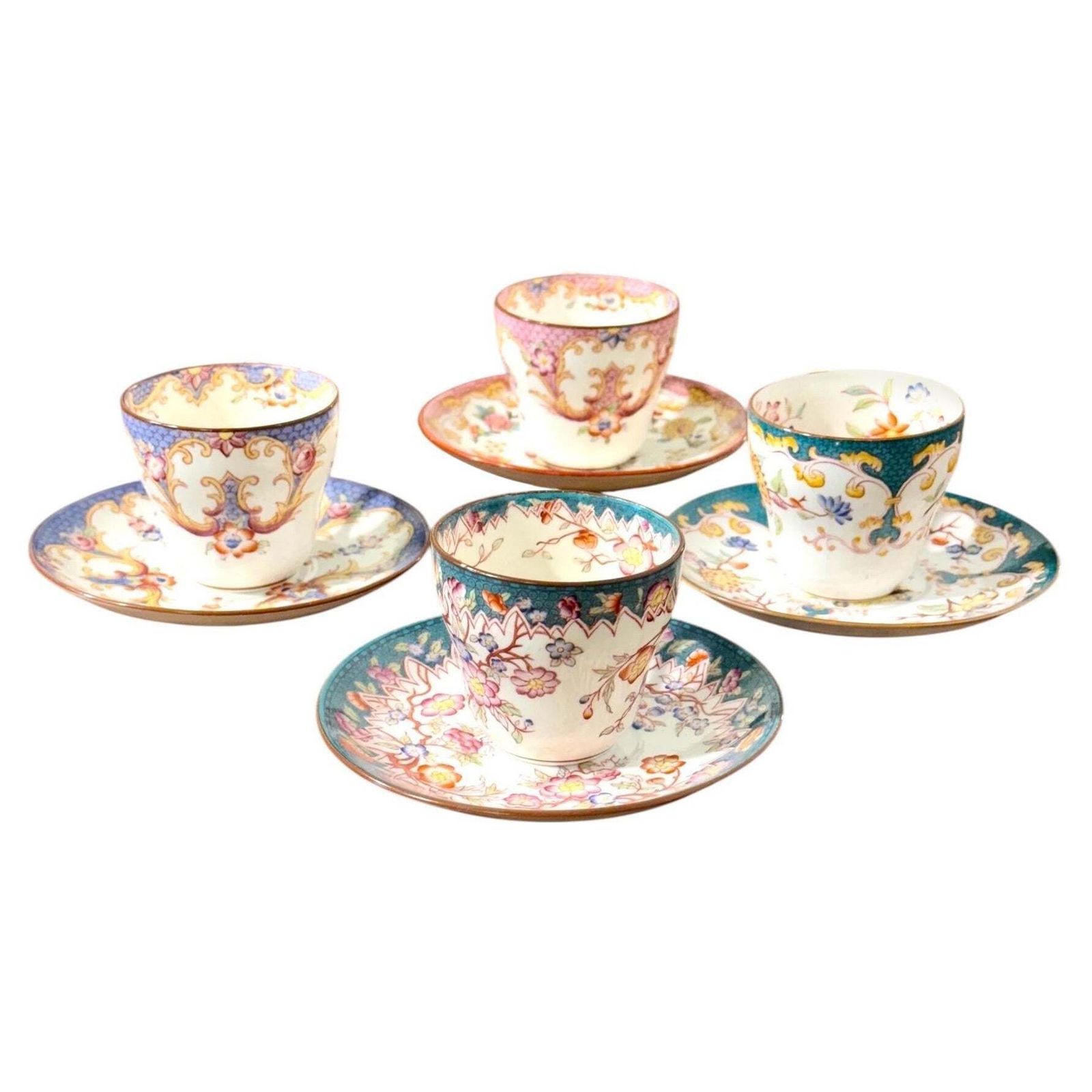 19th Century Set Of Four Samson Paris Polychrome Demitasse Cups & Saucers