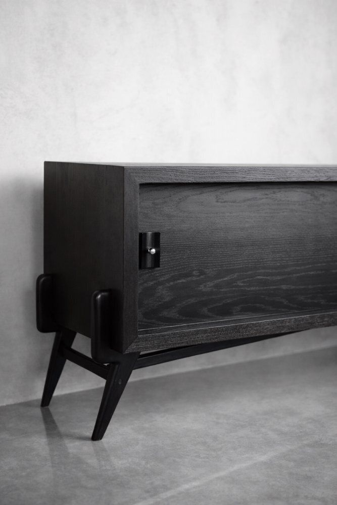 photo vintage Mid Century Modern Scandinavian Dark Oak Sideboard With Wooden & Metal Handles, 1960s