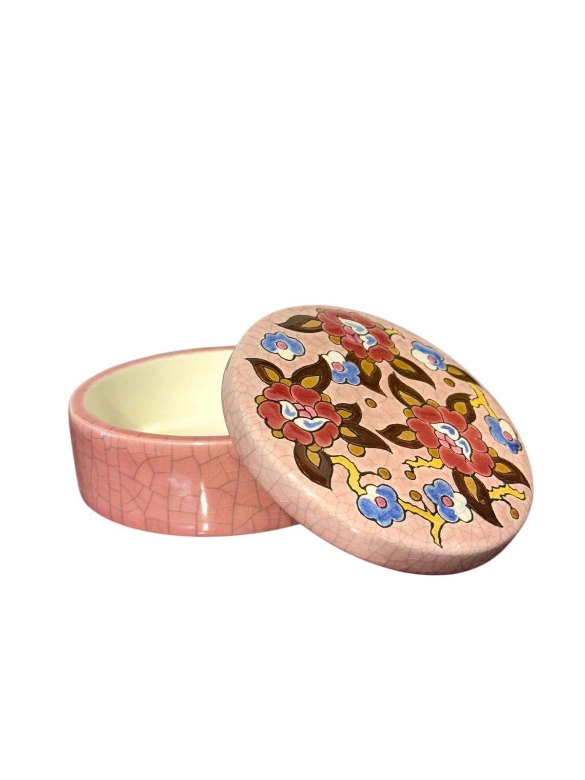 Longwy Pink Crackle Glazed Box With Floral Décor, Signed M.P. Chevallier photo for sale