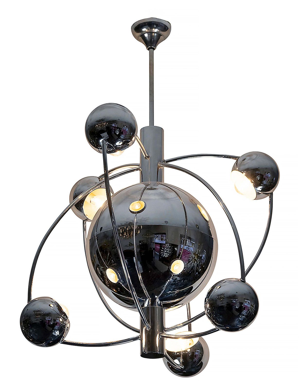 Mid Century Space Age Italian Reggiani Chrome Chandelier, Circa 1960 photo vinterior