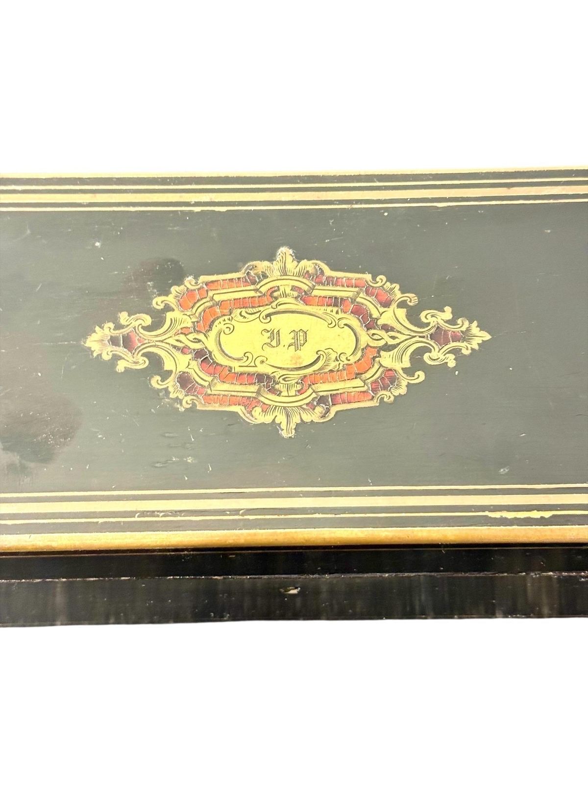 French Napoléon III Black Lacquer Box With Boulle Style Cartouche photo for sale