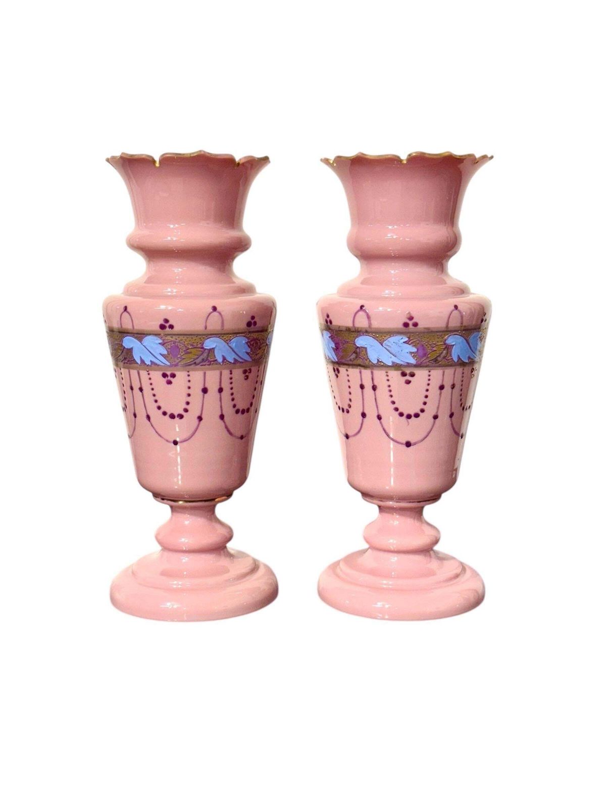 Pair Of 19th Century Pink Opaline Glass Vases With Gilt Décor