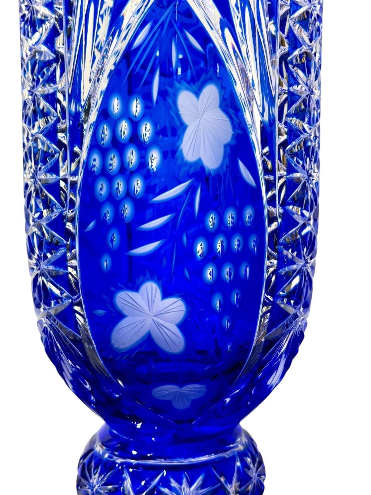 Large Blue Overlay Bohemian Crystal Vase On Pedestal Base photo vinterior
