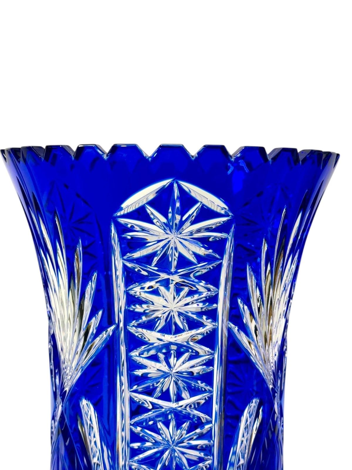 Large Blue Overlay Bohemian Crystal Vase On Pedestal Base photo vintage