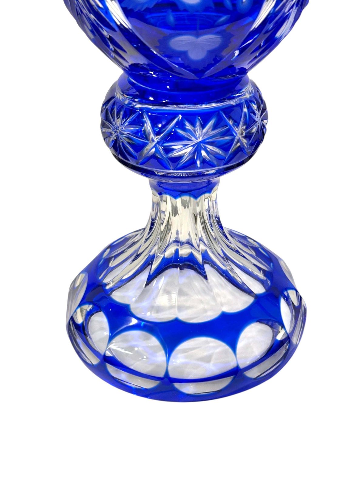 photo for sale Large Blue Overlay Bohemian Crystal Vase On Pedestal Base