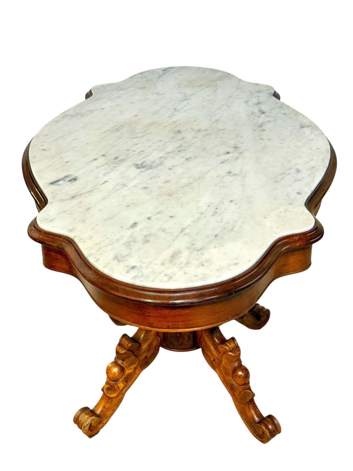 19th Century French Walnut Center Table With Shaped Marble Top And Drawers photo vintage