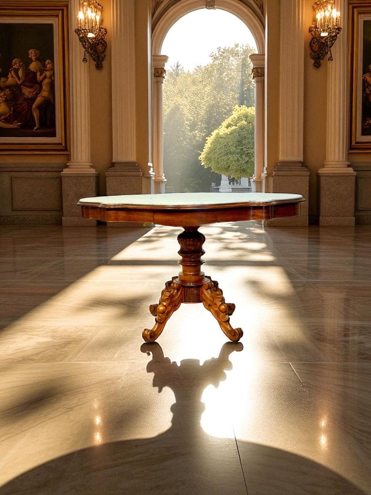 photo for sale 19th Century French Walnut Center Table With Shaped Marble Top And Drawers