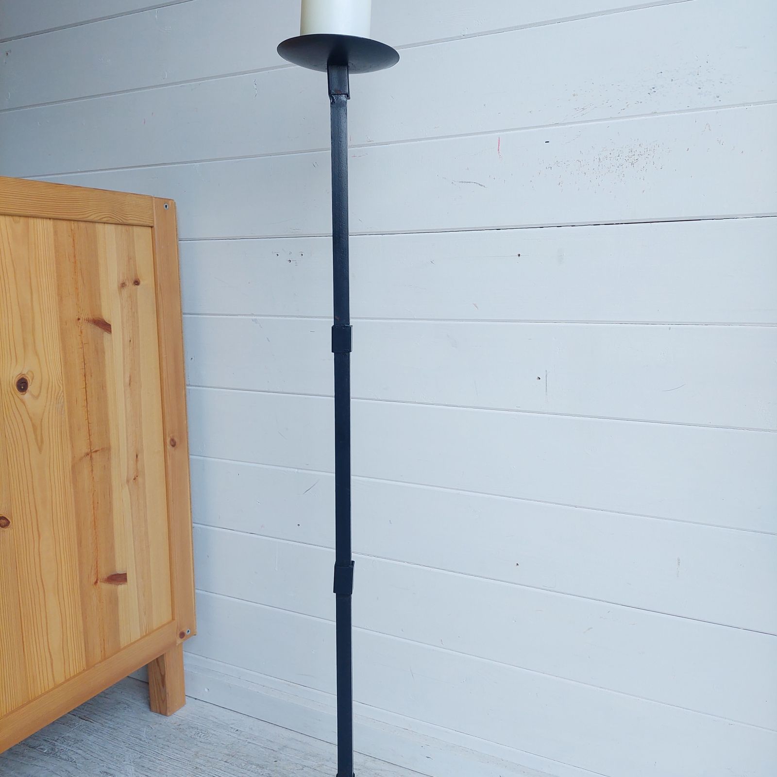 Mid Century Brutalist Wrought Iron Tripod Floor Candleholder Large Candlestick Torchere, 1960s photo vintage