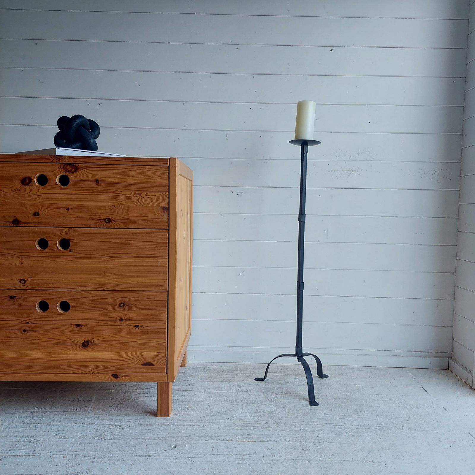 Mid Century Brutalist Wrought Iron Tripod Floor Candleholder Large Candlestick Torchere, 1960s photo for sale