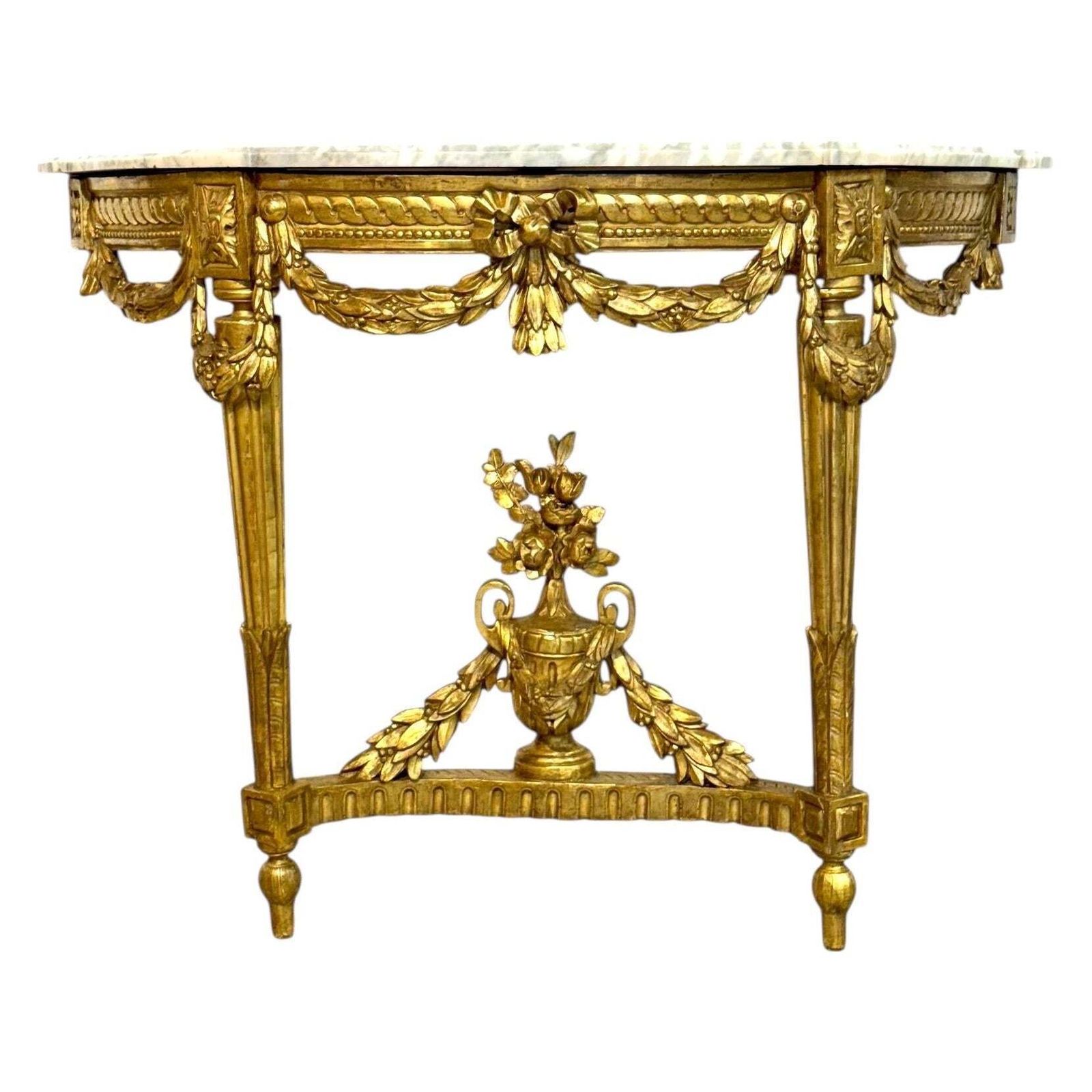 19th Century Louis XVI Giltwood Demi Lune Console With Carrara Marble Top