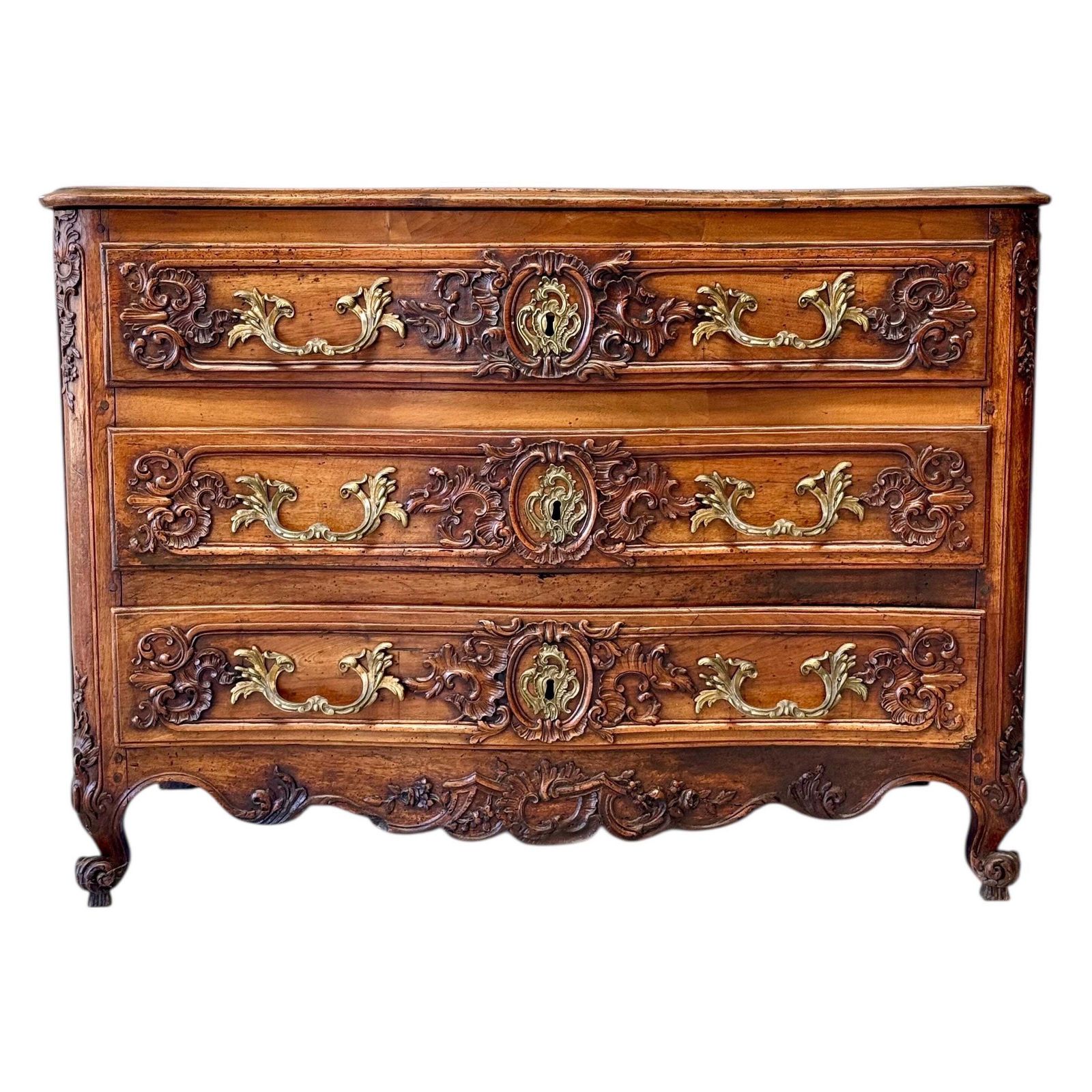 18th Century French Louis XV Walnut Commode With Ornate Carvings