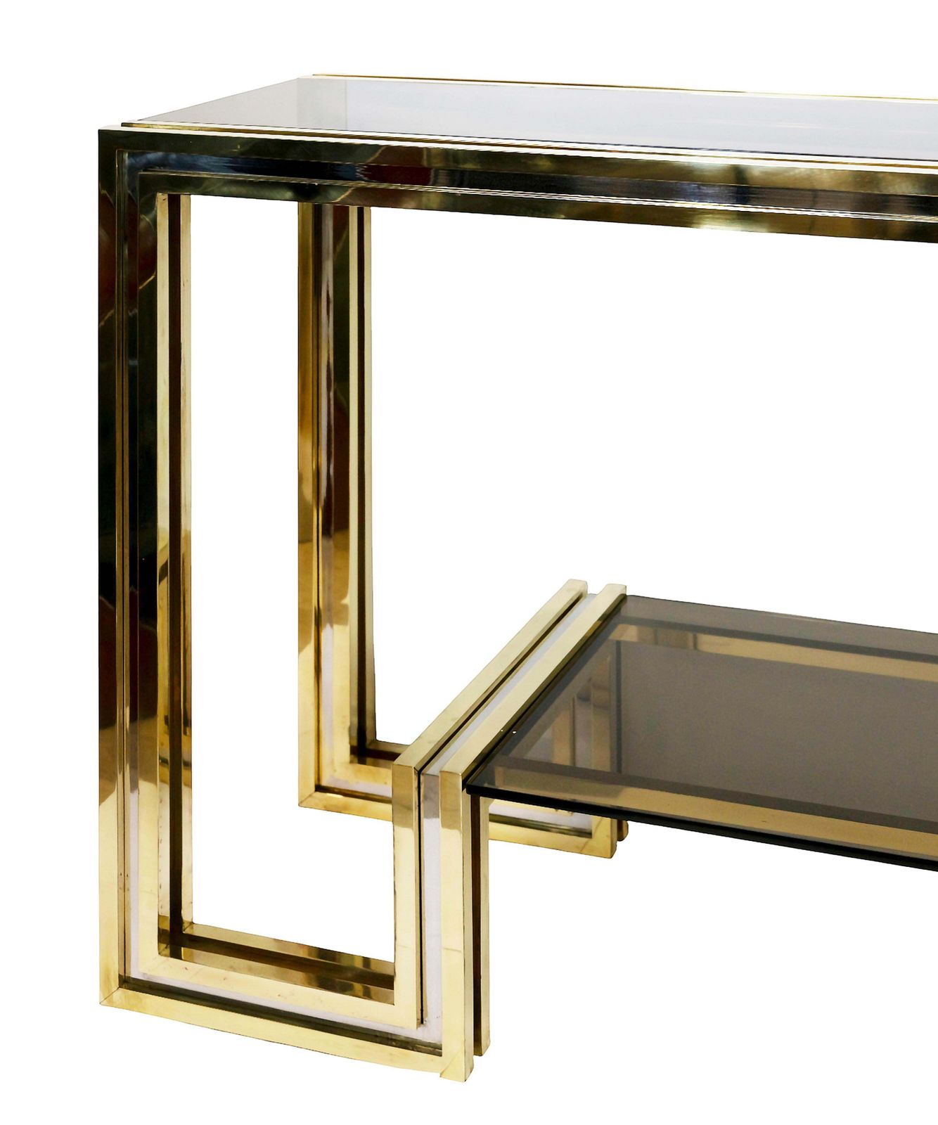 Italian Rare Mid Century Brass, Chrome And Glass Console Table By Romeo Rega photo for sale
