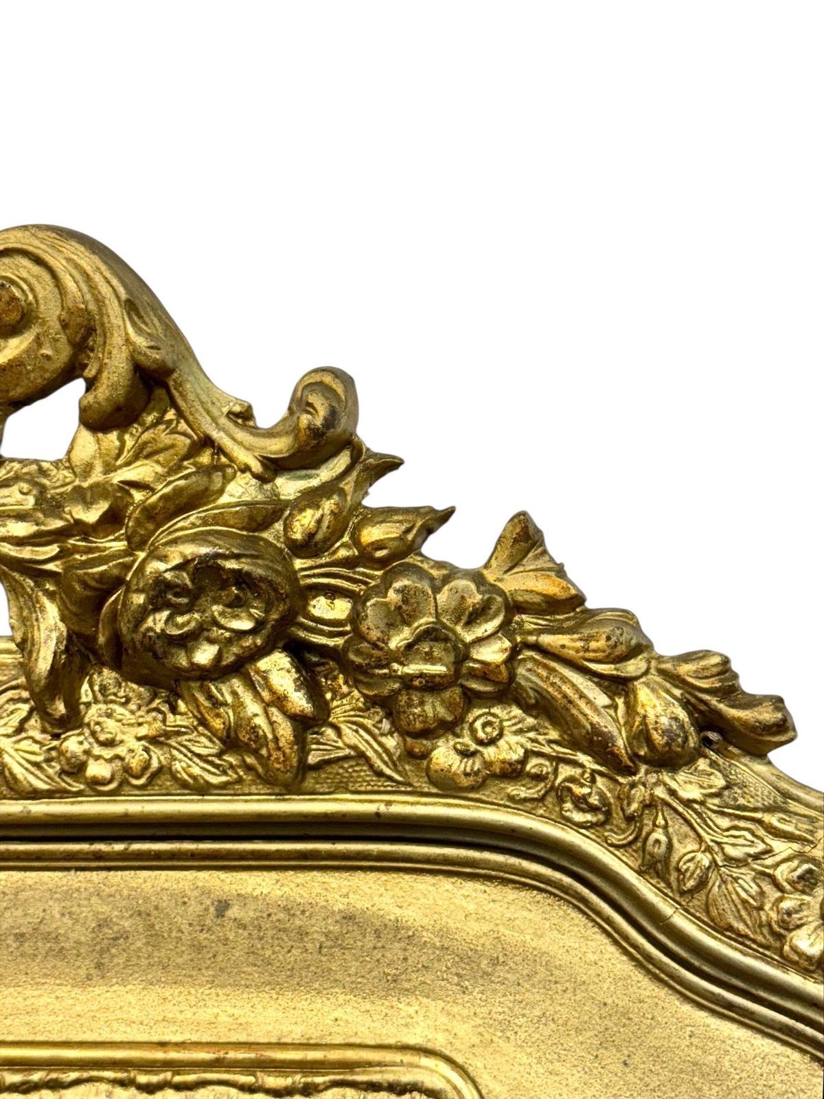 photo for sale 19th Century French Gilded Mirror With Floral Crest And Original Glass