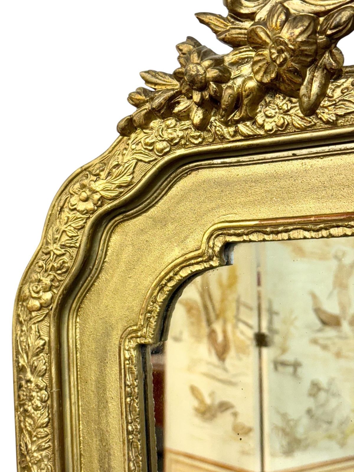 2085.0 19th Century French Gilded Mirror With Floral Crest And Original Glass photo