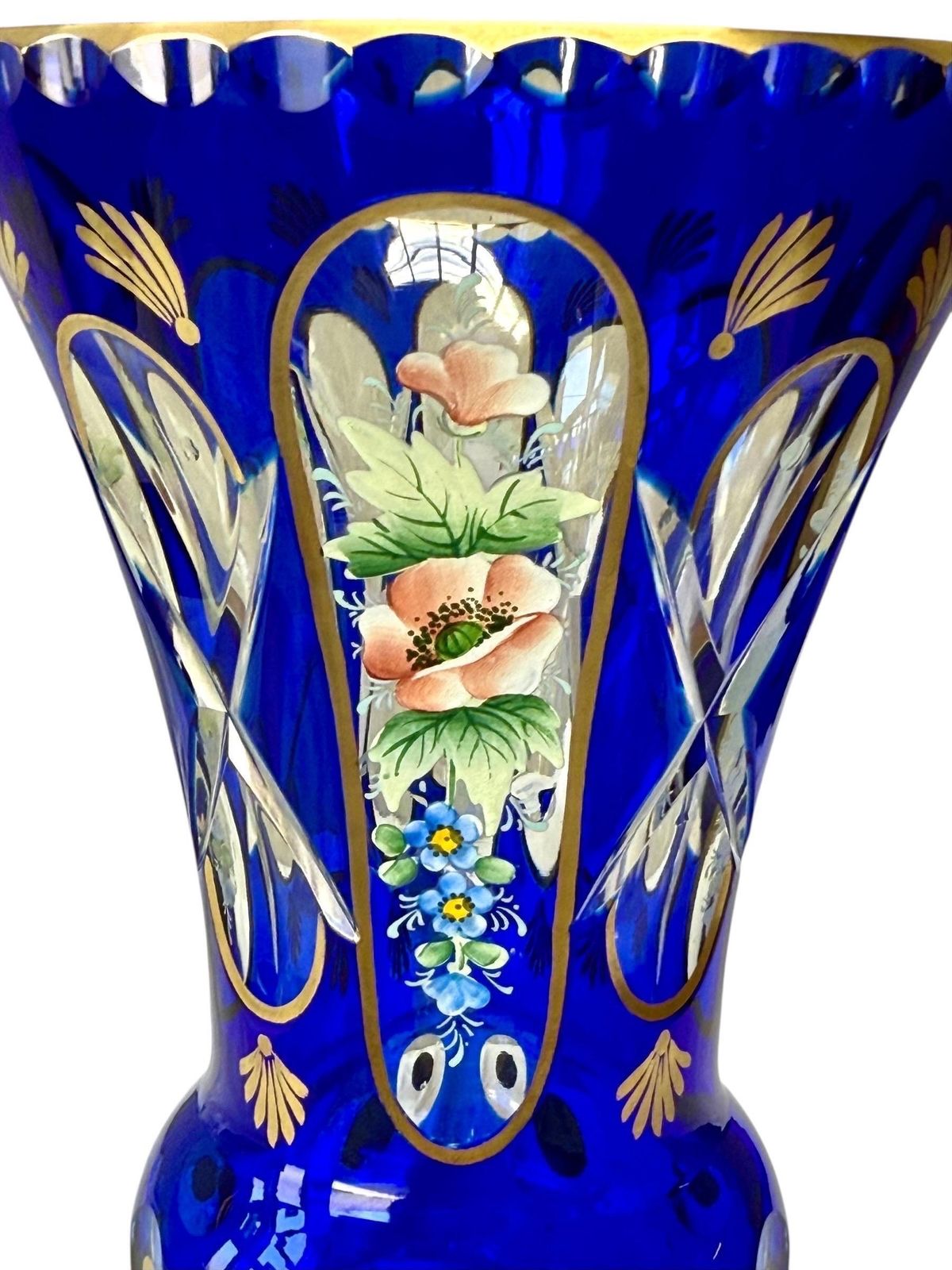 photo furniture 19th Century Cobalt Blue Overlay Crystal Vase With Enamel Flowers