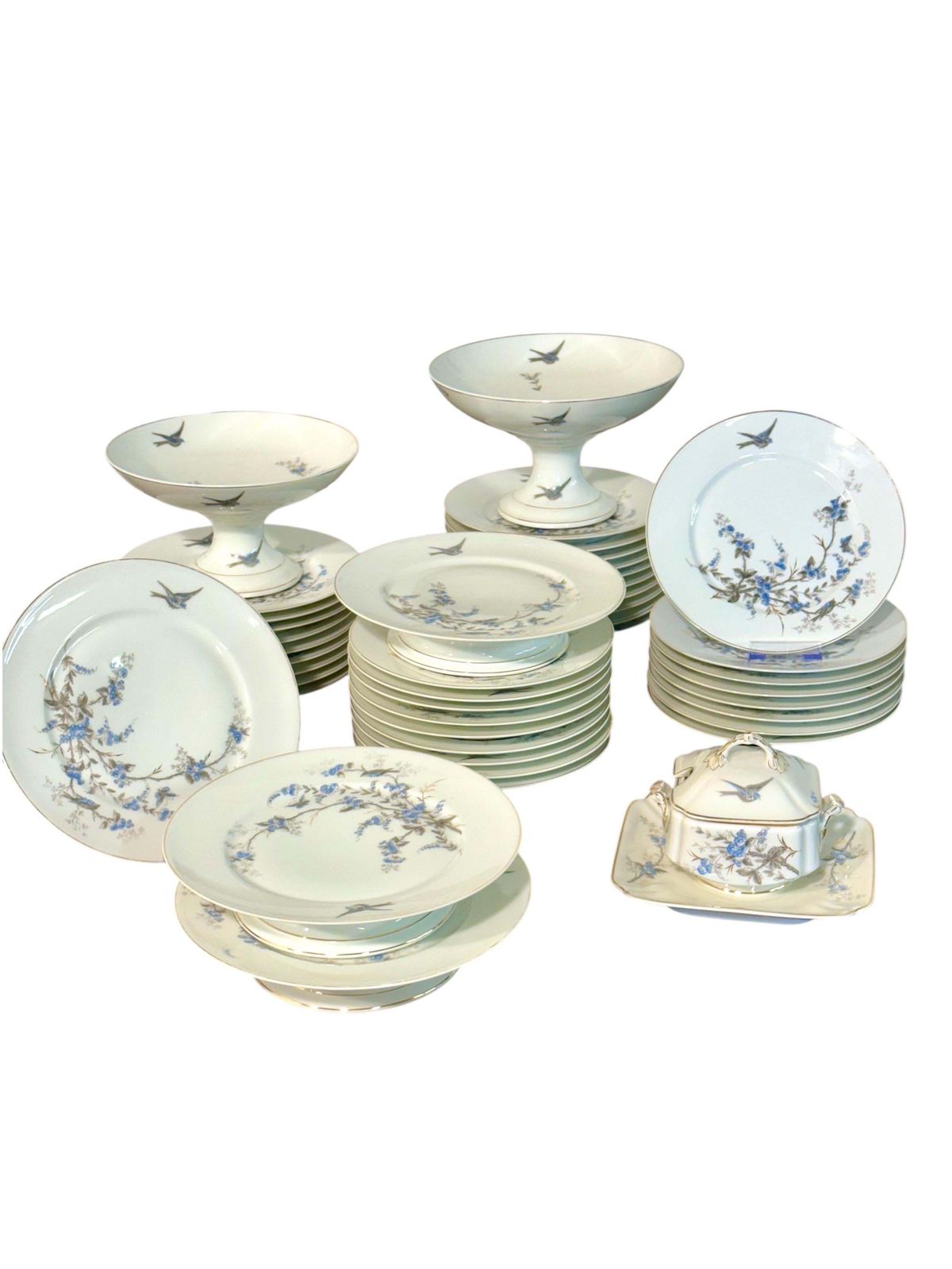 Porcelain Dinner Service Of 43 Pieces With Blue Floral And Bird Motifs photo for sale