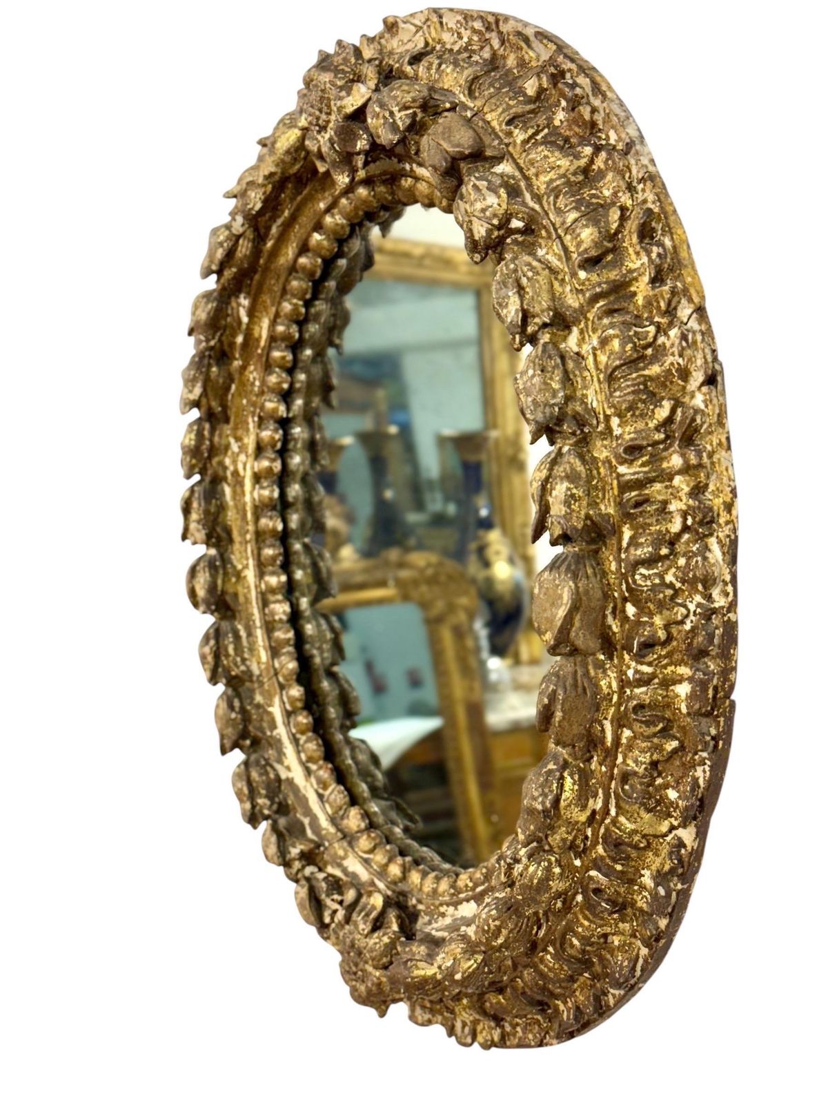 17th Century Italian Oval Giltwood Mirror With Floral Carvings photo furniture