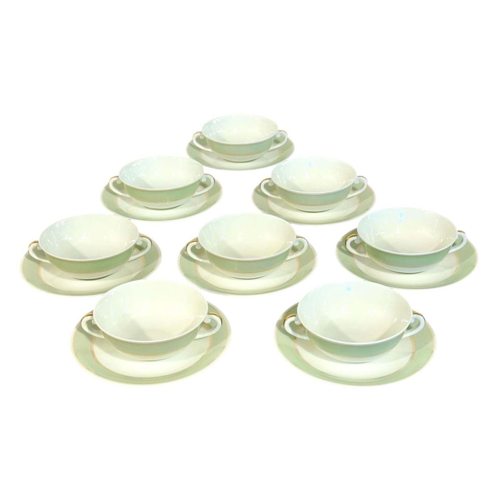 8 Limoges Porcelain Bouillons By A. Vignaud With Gold And Celadon Trim