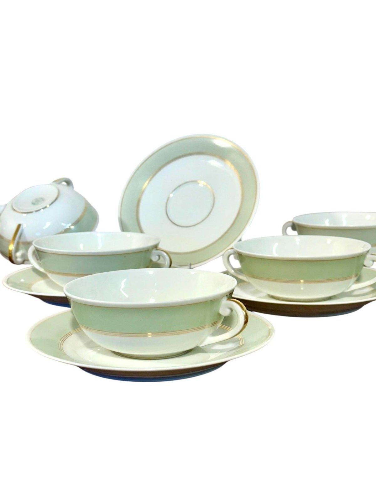 8 Limoges Porcelain Bouillons By A. Vignaud With Gold And Celadon Trim photo furniture