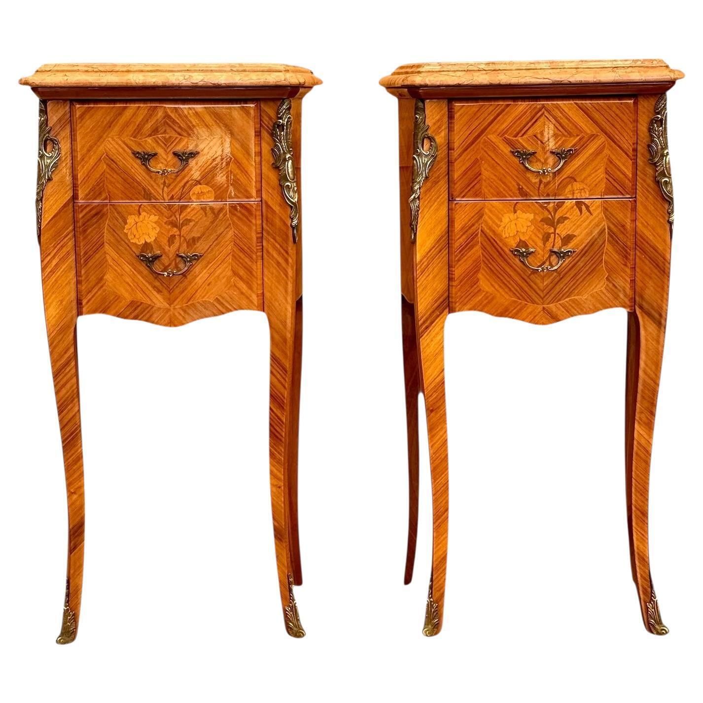 Pair Of French Louis XV Style Marquetry Nightstands With Marble Tops