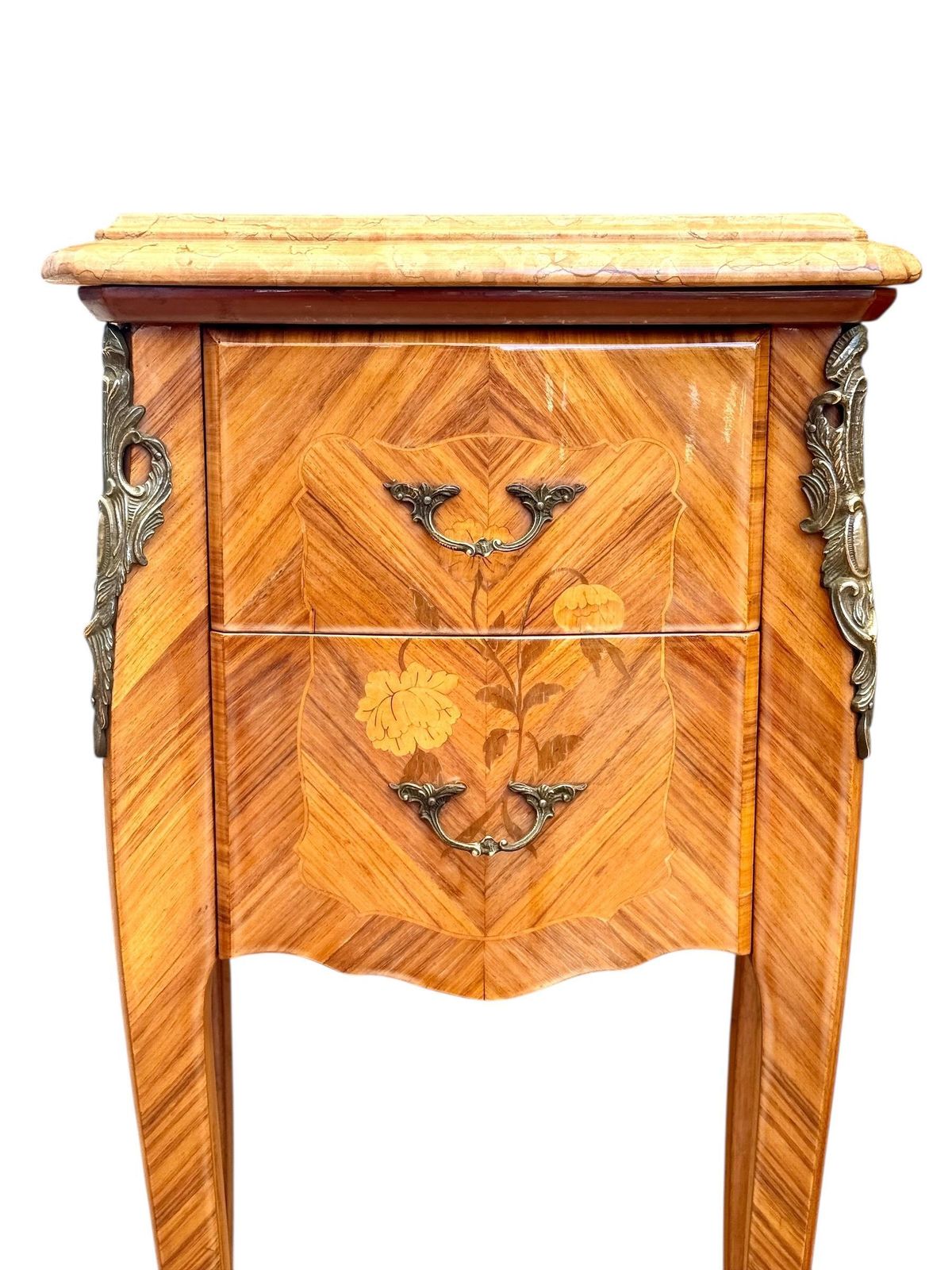 Pair Of French Louis XV Style Marquetry Nightstands With Marble Tops photo furniture