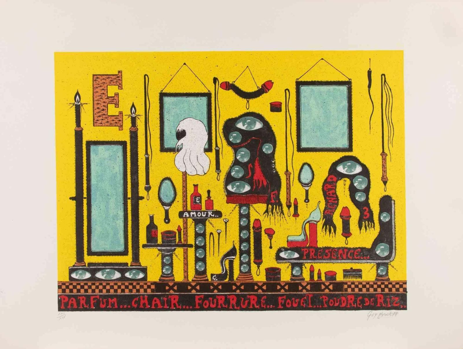 Guy Harloffparfum… Chair… Fourrure… Fouet… Poudre...   Screenprint By Guy Harloff   1970s1970s
