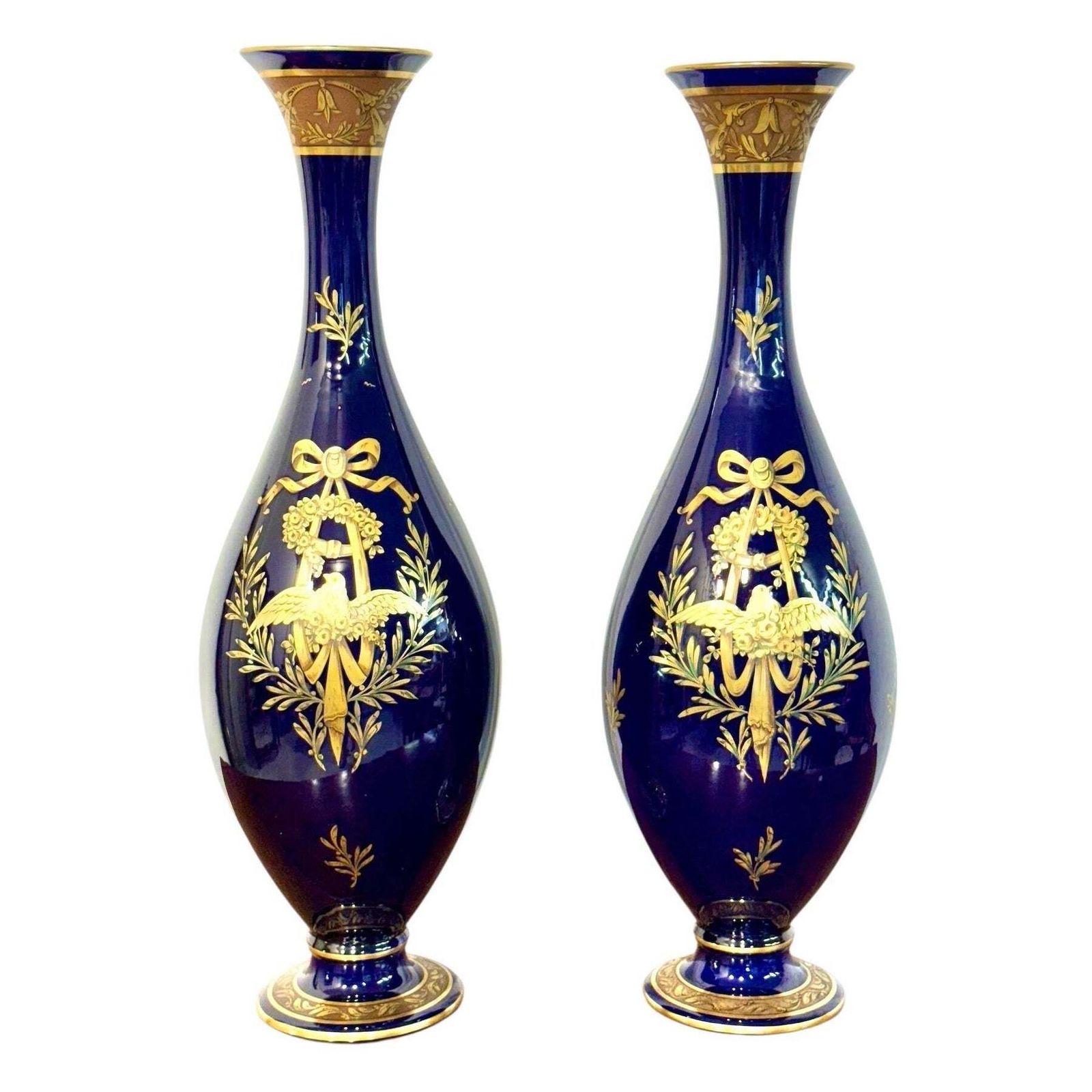 Rare Pair Of Cobalt Blue & Gilt Amphora Vases By Jaget & Pinon, Tours C.1930
