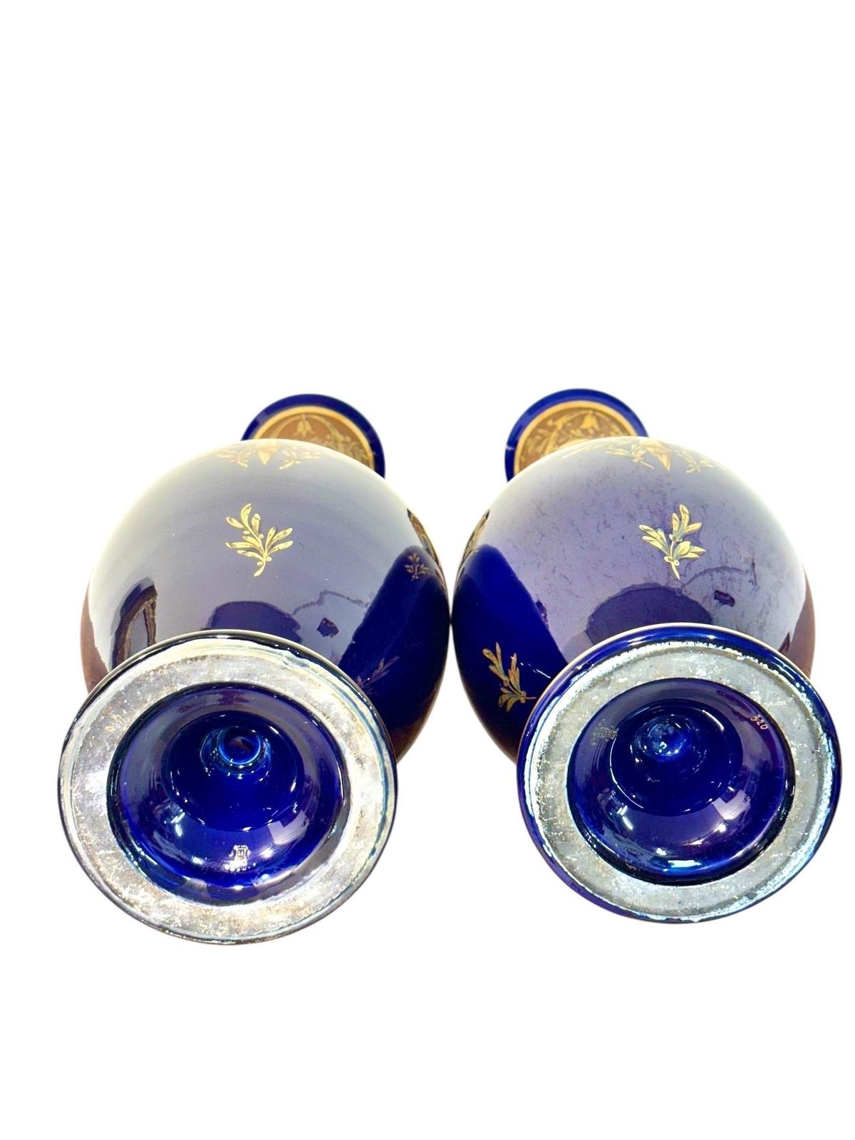 Rare Pair Of Cobalt Blue & Gilt Amphora Vases By Jaget & Pinon, Tours C.1930 photo buy
