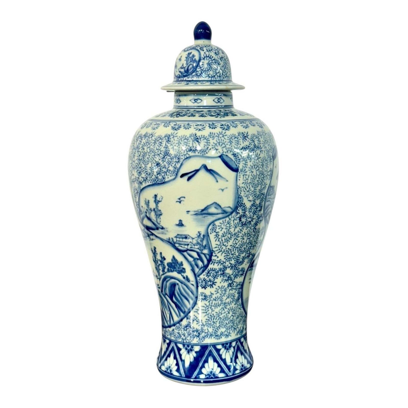 Large Blue And White Faience Lidded Vase With Landscape Motifs