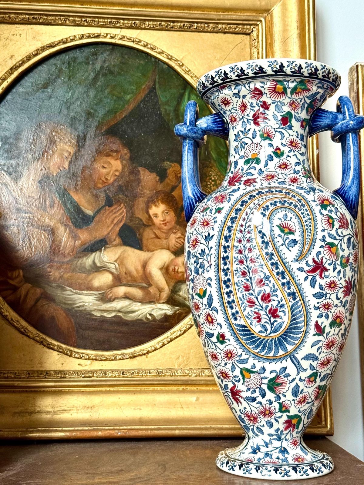 Gien Faience Vase, “Cachemire” Pattern With Floral & Paisley Décor photo Home Decor