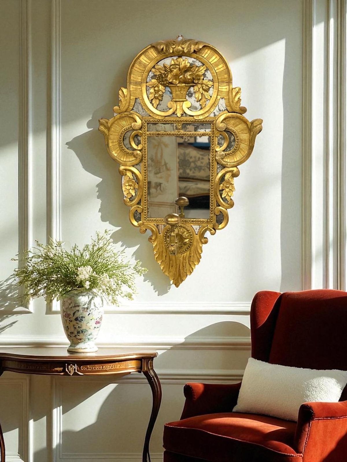 18th Century Rare Giltwood Parcloses Mirror With Wig Stand Arm photo Home Decor