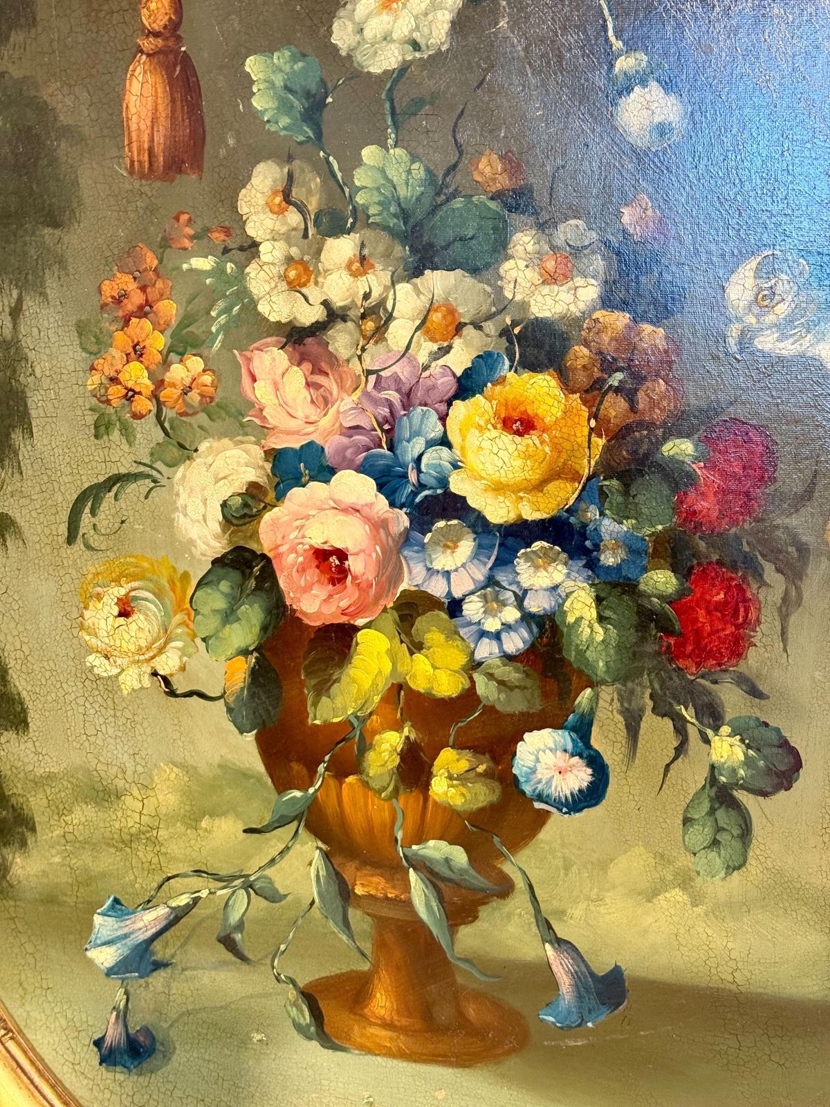 Floral Still Life With Parrot, Oval Oil On Panel, Signed, Late 19th C. photo vinterior