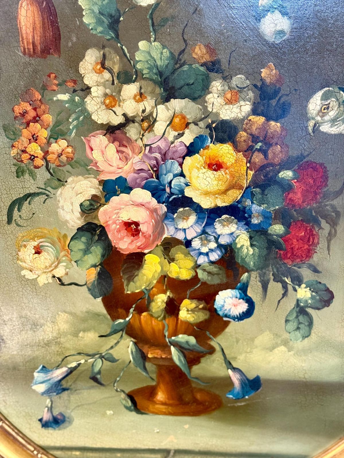 Art Floral Still Life With Parrot, Oval Oil On Panel, Signed, Late 19th C. photo