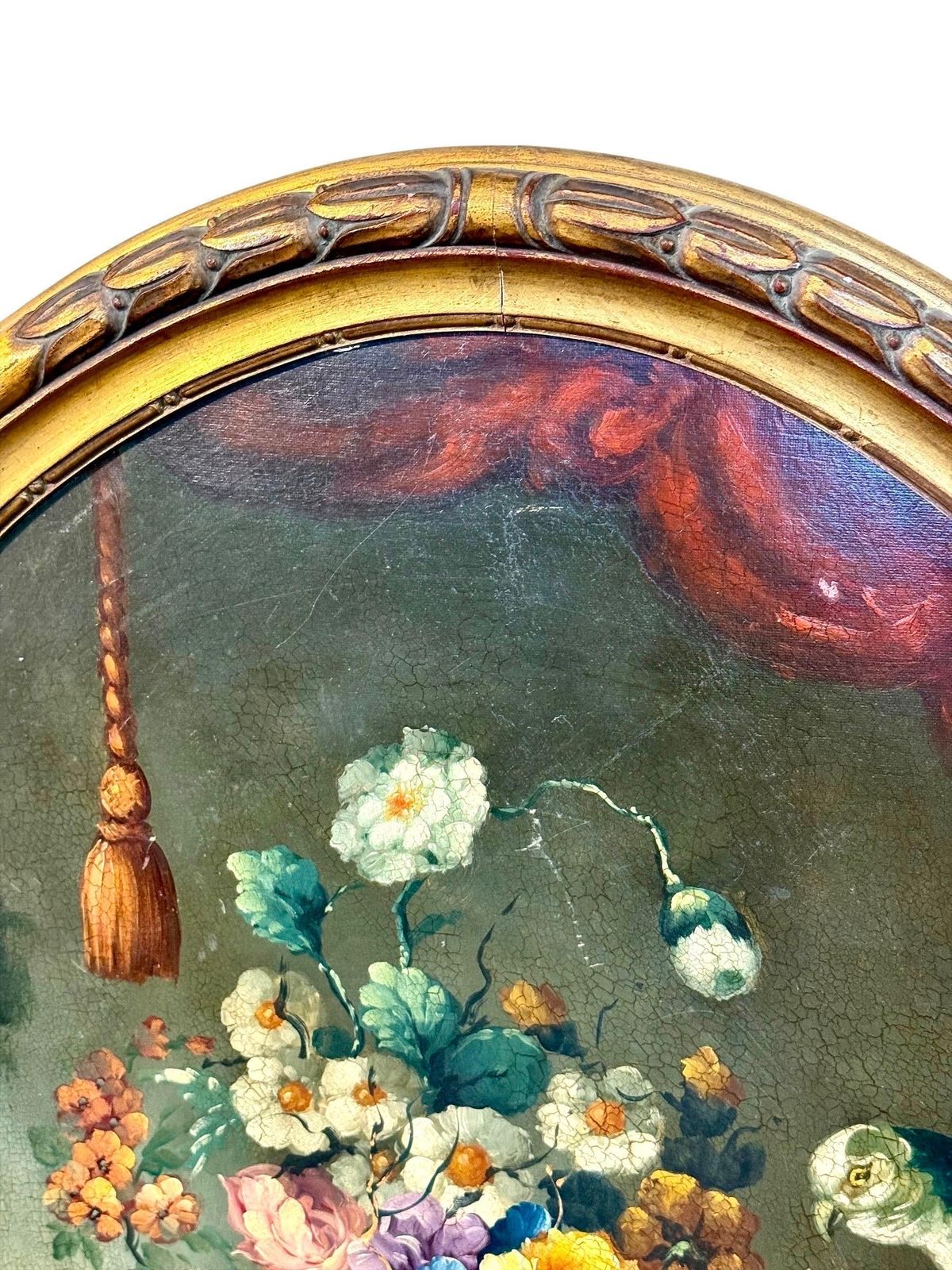 2261.0 Floral Still Life With Parrot, Oval Oil On Panel, Signed, Late 19th C. photo