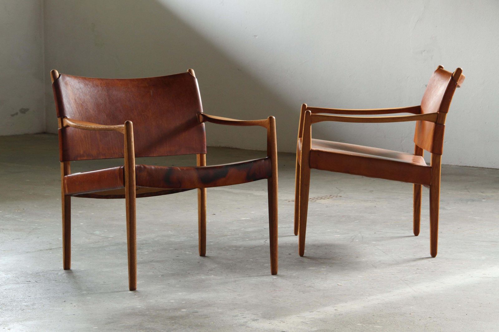 Pair Of Vintage Per Olof Scotte "Premier 69" Oak Armchairs In Cognac Leather photo for sale