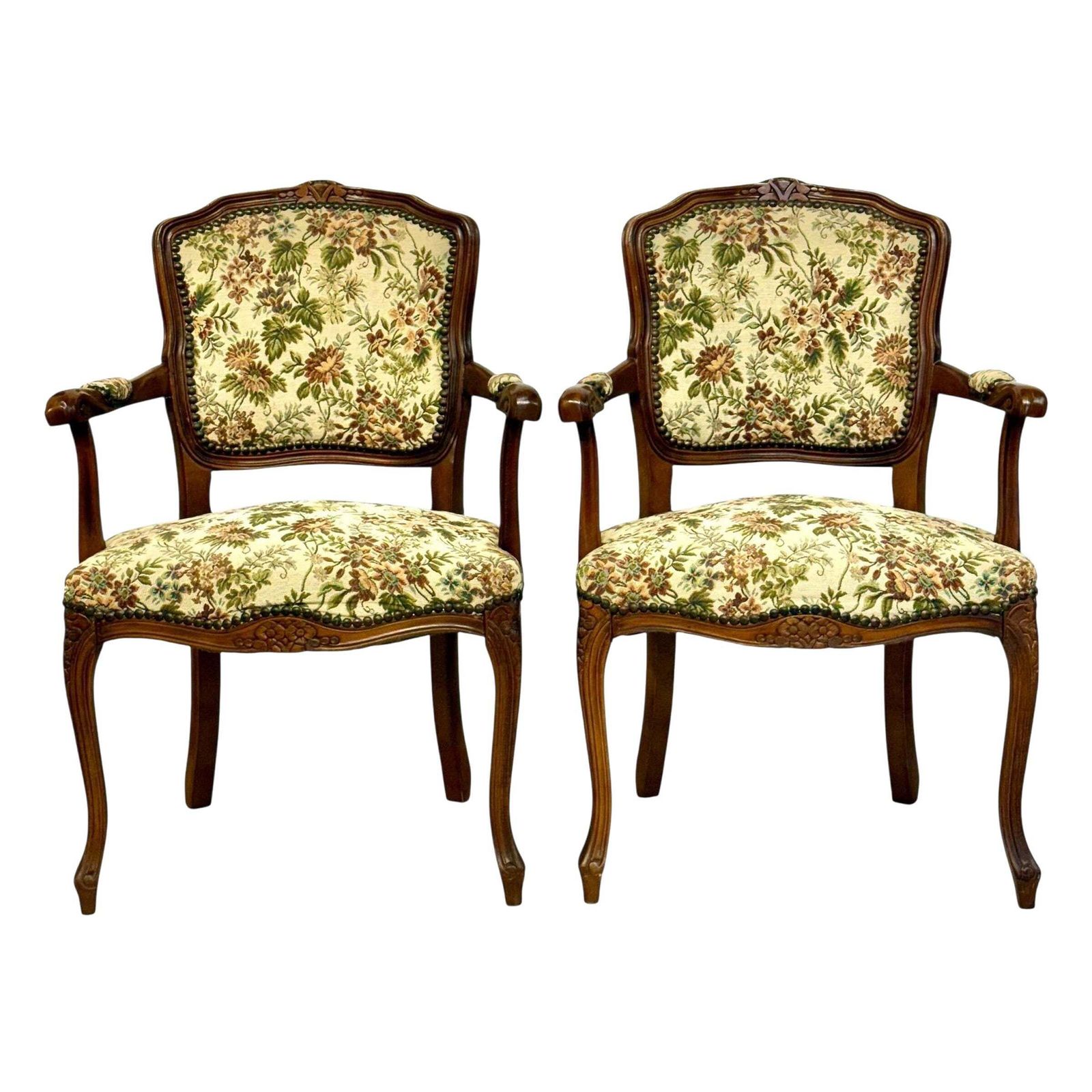 Pair Of French Beech Louis XV Style Armchairs With Floral Tapestry, 20th C.