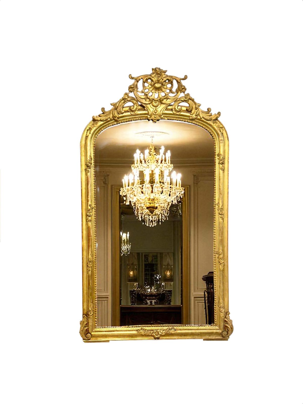 19th Century Large Giltwood Mirror With Ornate Crest photo Home Decor