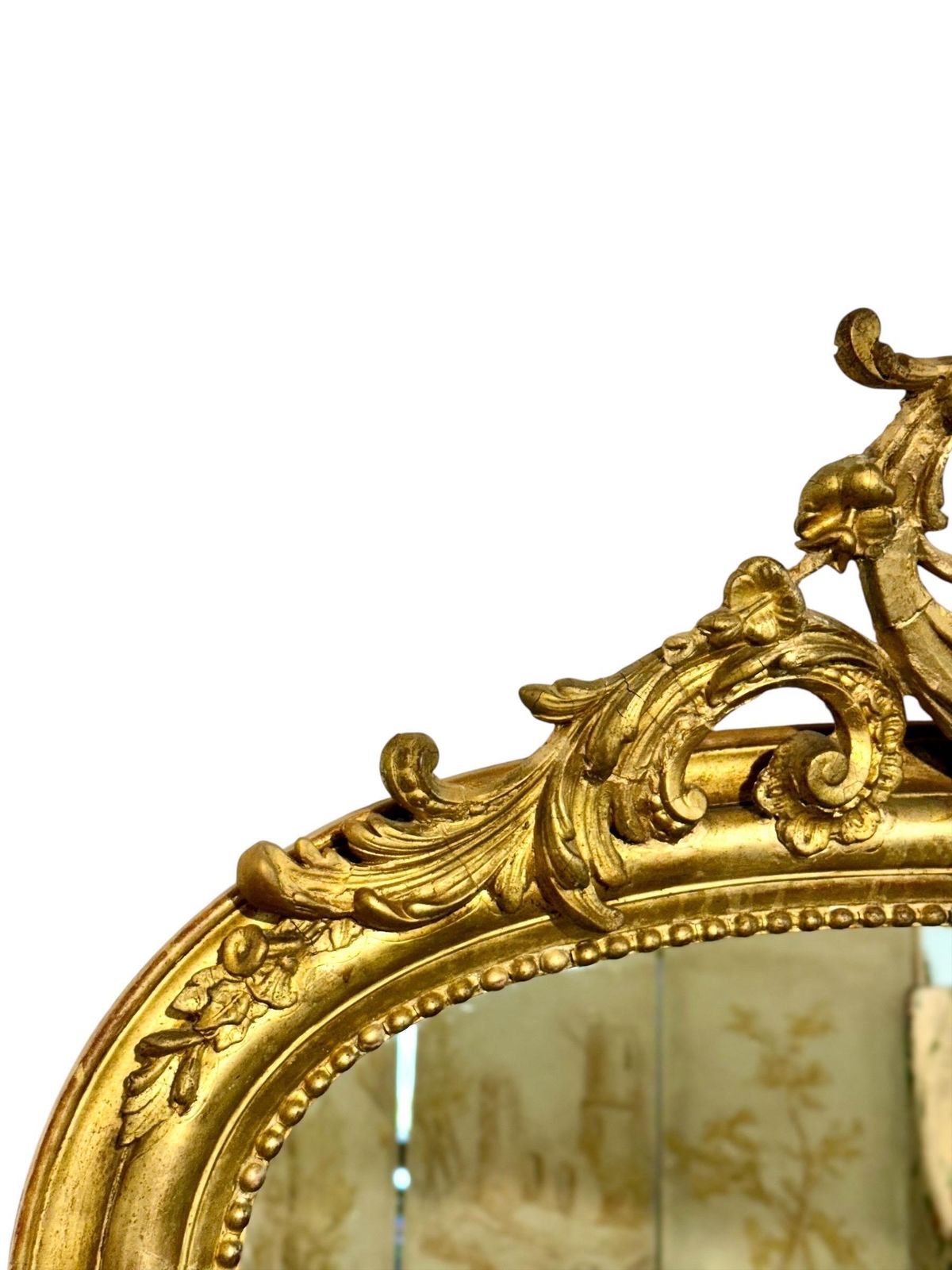 19th Century Large Giltwood Mirror With Ornate Crest photo vintage