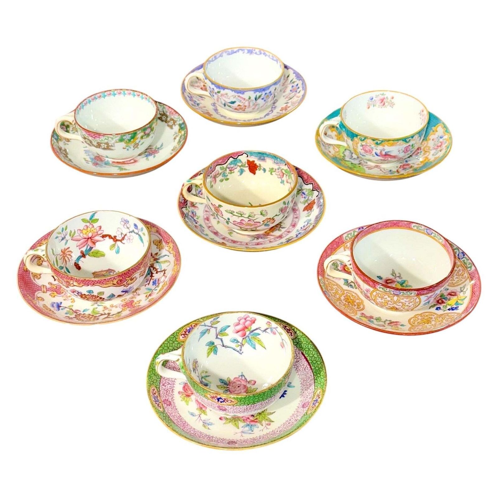 19th Century Set Of 7 English Porcelain Tea Cups & Saucers, 6 Signed Minton