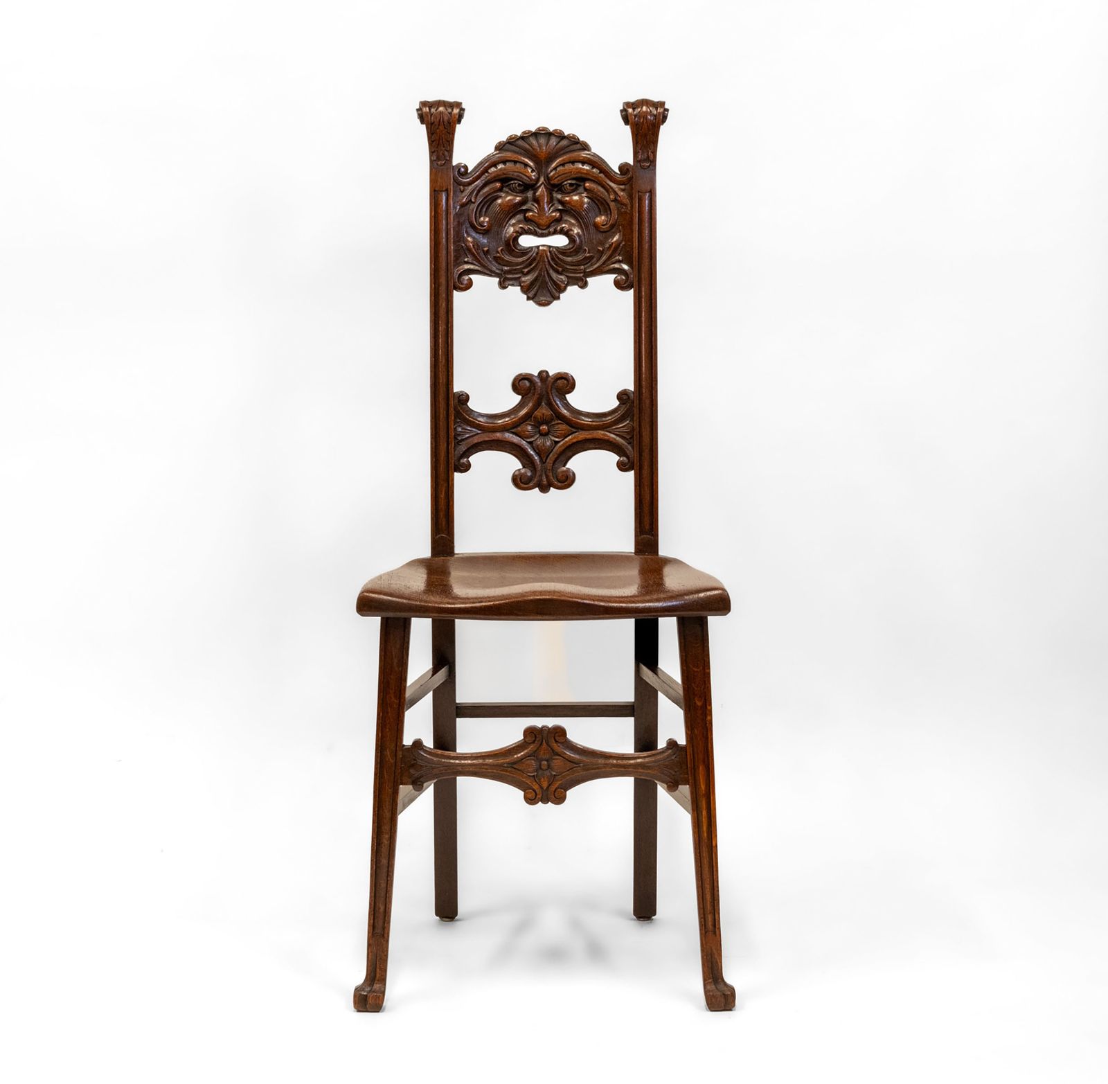Charming Edwardian English Oak Side Chair With Carved Green Man
