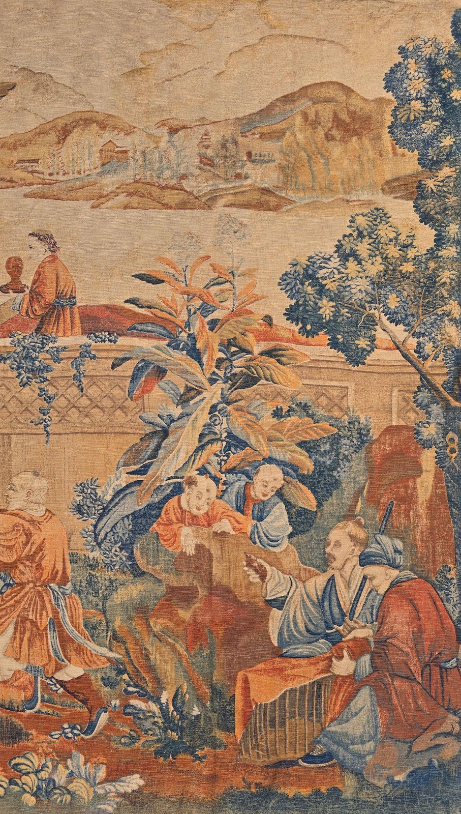 Monumental European Chinoiserie Tapestry, Hand Painted Textile, Circa 1900–1930 photo vinterior