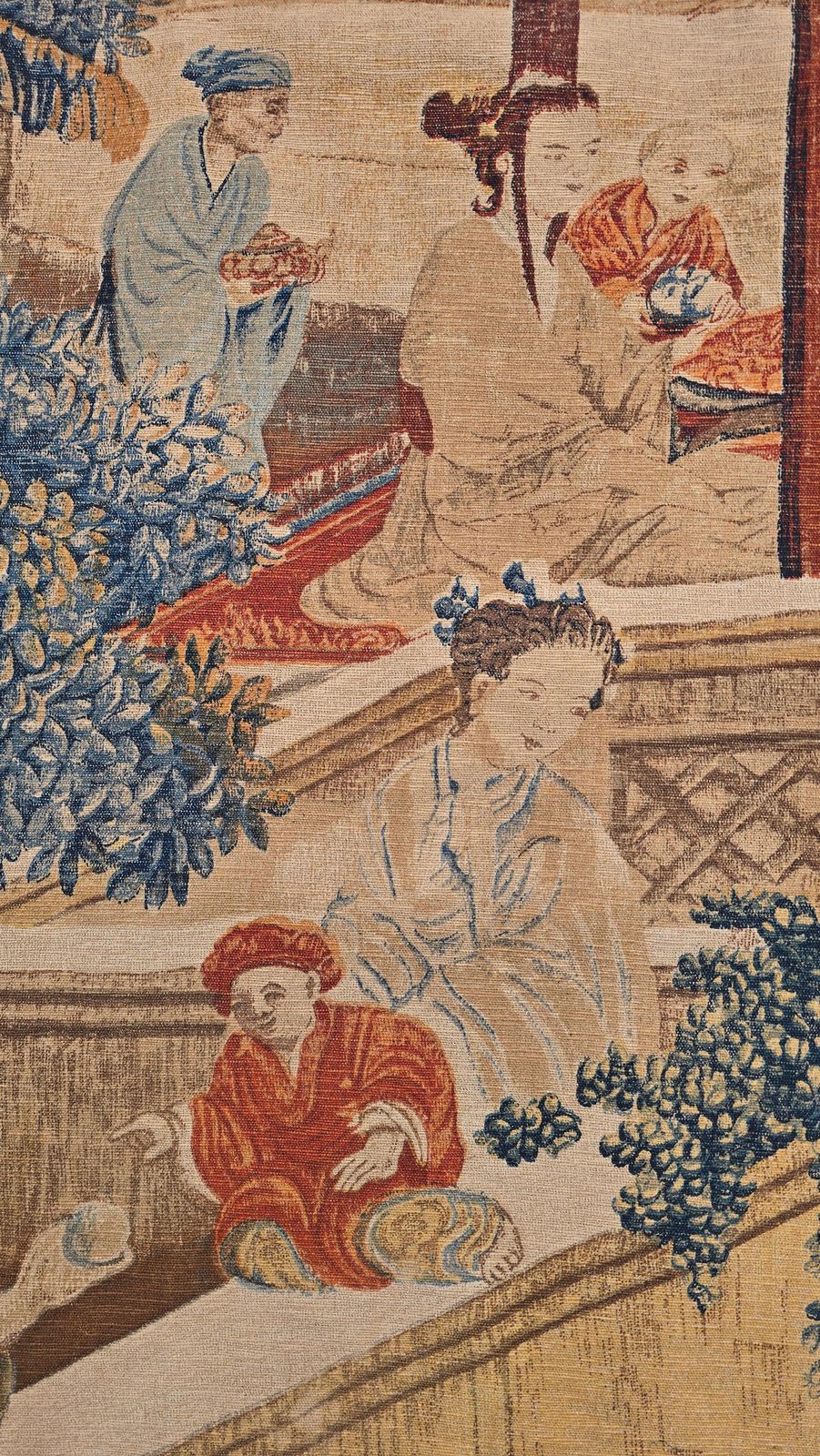 photo for sale Monumental European Chinoiserie Tapestry, Hand Painted Textile, Circa 1900–1930