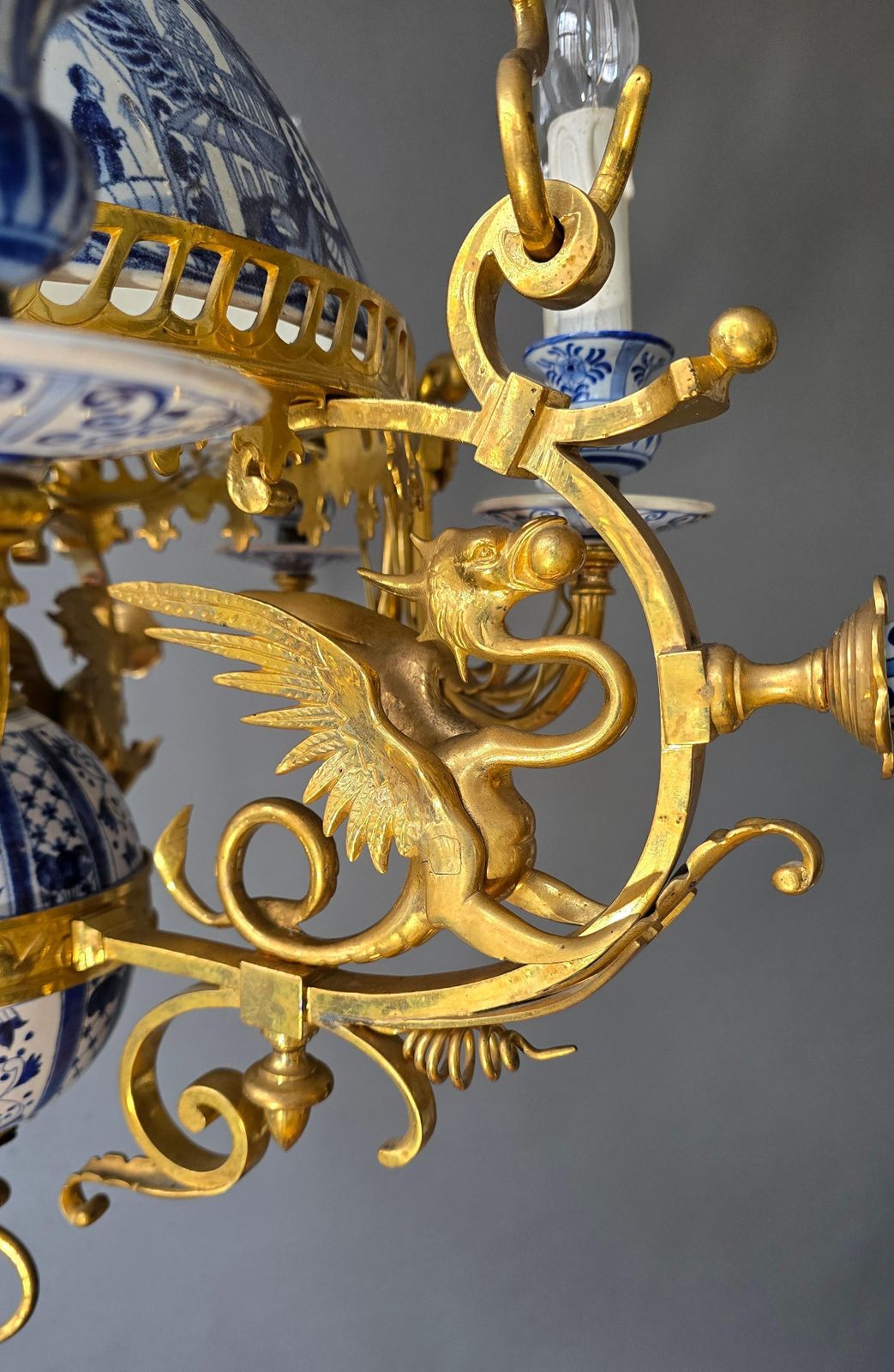 Monumental 19th Century Dutch Delftware And Gilt Bronze Chandelier With Griffin photo buy