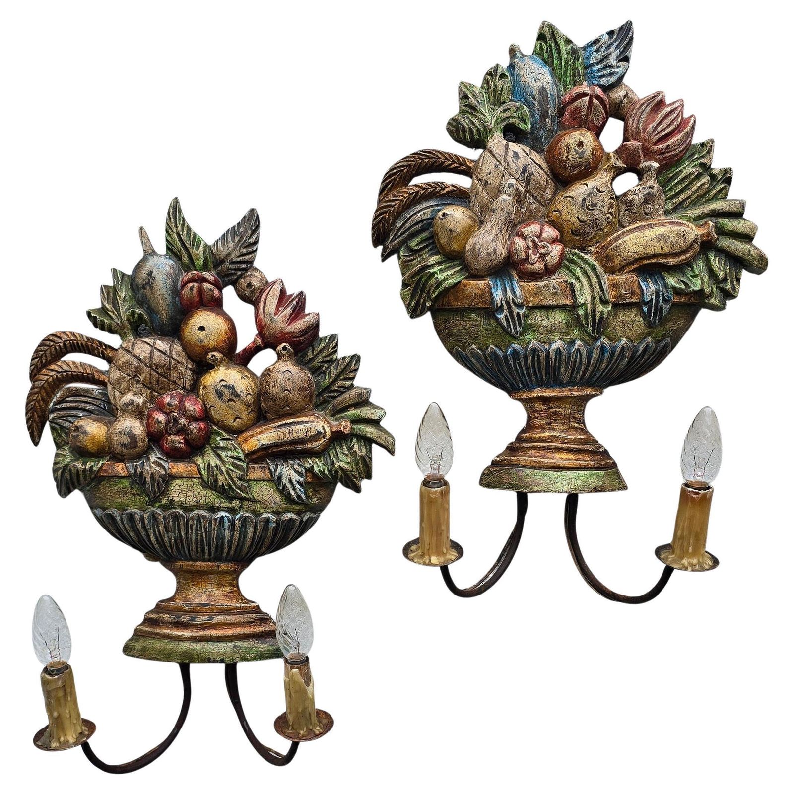 Pair Of Hand Carved Italian Fruit Basket Wall Sconces, Florentine, Ca. 1880–1900